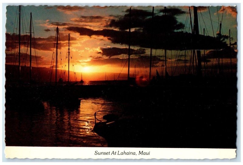 c1960 Sunset Lahaina Harbor Boat Ship Port Dock Maui Hawaii HI Vintage Postcard