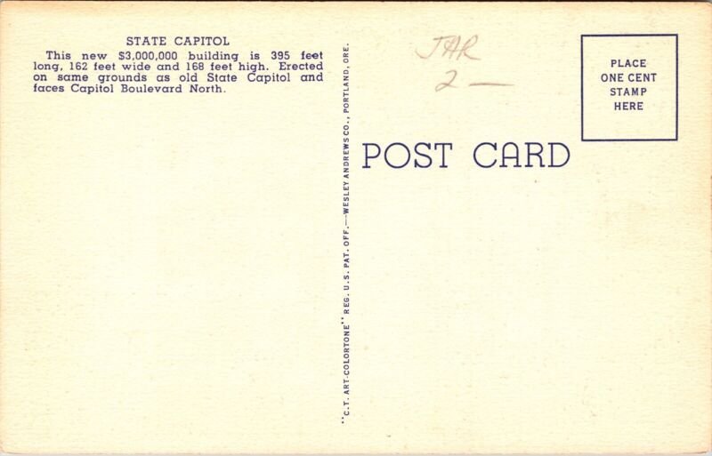 State Capitol Salem Oregon Or Linen Postcard Old Car Boulevard North Postcard