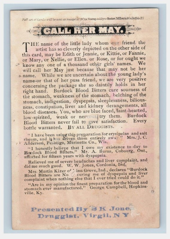 1880s Burdock Blood Bitters Quack Medicine S.K. Jones Virgil, NY Girl & Cat F165