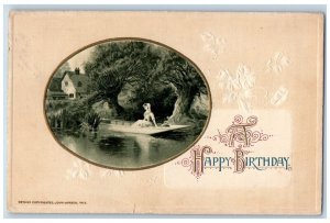 John Winsch Signed Postcard Birthday Pretty Woman Boating Embossed 1913 Antique