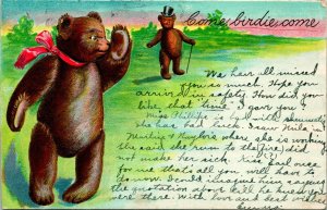 Vtg Postcard 1907 UDB Anamorphic Teddy Bears Come Birdie Come Embossed