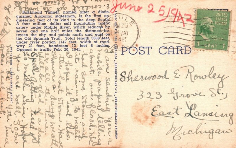 Vintage Postcard 1942 Interior Bankhead Tunnel under Mobile River Mobile Alabama 