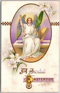 A Joyful Eastertide Angel with Palm Leaf Flower Greetings and Wishes Postcard