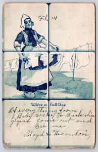 1910's Weve A Full Lime Young Girl Hanging Clothes Drawing Posted Postcard