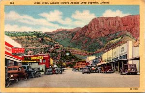 Linen Postcard Main Street, Looking Toward Apache Leap in Superior, Arizona