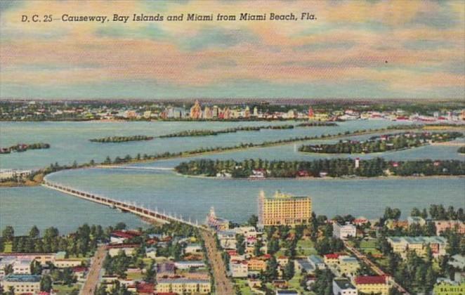 Florida Causeway Showing Bay Islands and Miami From Miami Beach Curteich