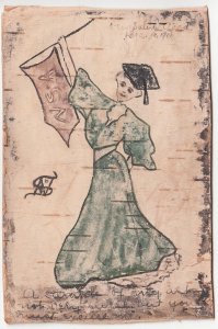 College Girl with Banner handmade art on tree bark novelty PC 1906 United States 