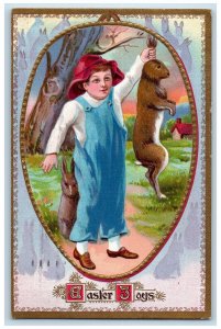 c1910's Easter Joys Boy Cached Rabbit Rockford Illinois IL Embossed Postcard