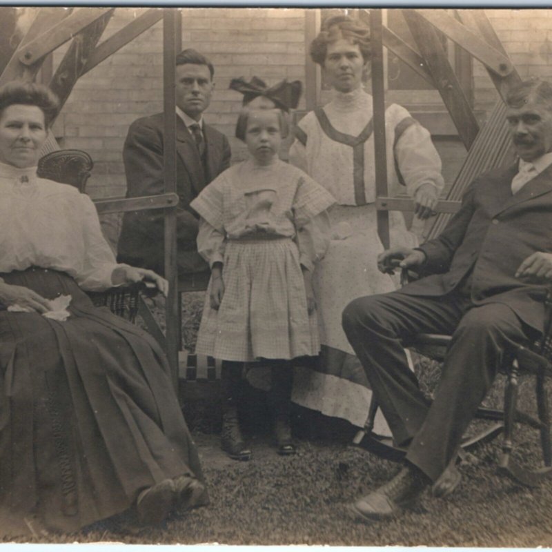 c1910s Nice Family Outdoors RPPC Wood Swing Chairs Cute Girl Real Photo PC A139