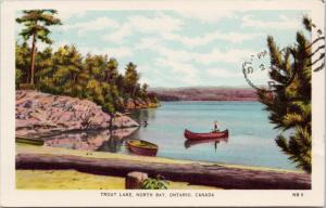 Trout Lake North Bay Ontario ON Ont Red Canoe c1949 Vintage Postcard D74