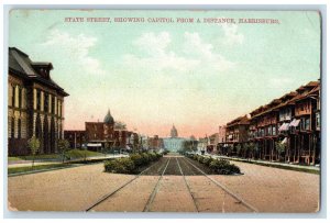 c1910 State Street Showing Capitol from A Distance Harrisburg PA Postcard 