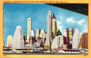 New York City Looking At Downtown Skyline From Under Brooklyn Bridge