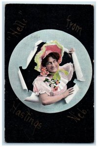 c1910's Hello From Hastings Nebraska NE Unposted Woman With Flowers Postcard