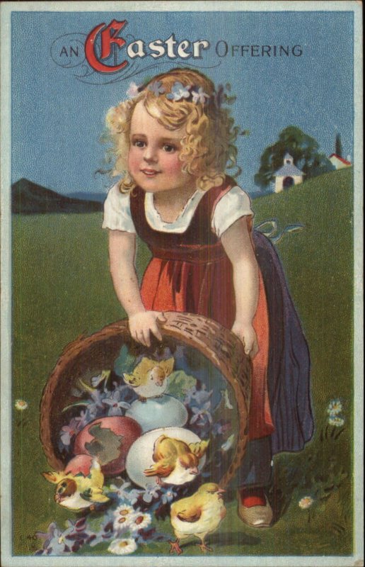 Easter - Little Girl Basket of Chicks & Flowers c1910 Postcard