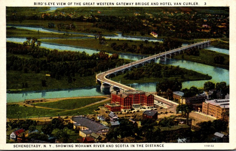 New York Schenectady Birds Eye View Of Great Western Gateway Bridge and Hotel...