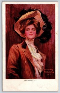 Philip Boileau~”Tomorrow”~Elegant Lady In Blazer~Big Hat~c1910 Vintage Postcard