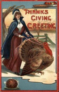 Thanksgiving Pilgrim Woman Holding Turkey by Reins c1910 Vintage Postcard