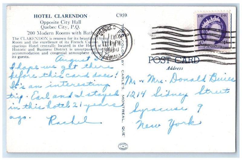 1960 Hotel Clarendon Opposite City Hall Quebec City Canada Vintage Postcard