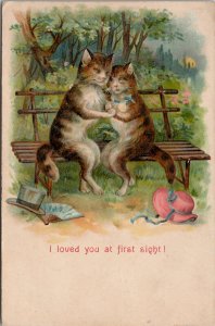 Cats In Love on Bench Anthropomorphic Humanized Animals Embossed Postcard X14