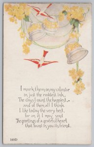 Greetings~Yellow Flowers & Poem Greeting~Vintage Postcard