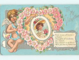 Divided-Back valentine CUPID HOLDS FRAMED PICTURE OF PRETTY GIRL r4062