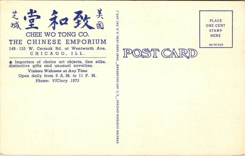 Linen Postcard Chee Wo Tong Co The Chinese Emporium Chicago Illinois~139880