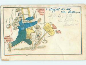 Blurry Postcard Pre-1907 comic MAN FALLS DOWN LADDER AT CONSTRUCTION SITE HL2152