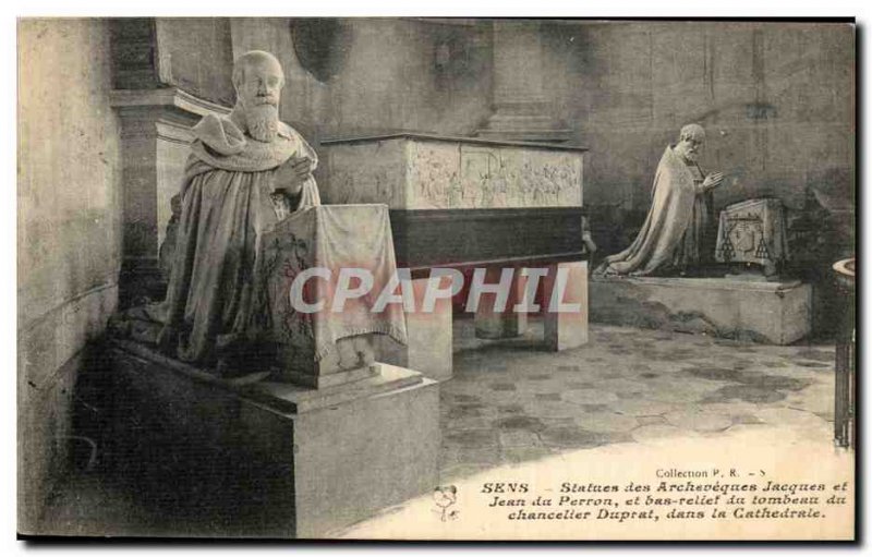 Statues Old Postcard Sens archbishops Jacques and Jean Perron and low relief ...