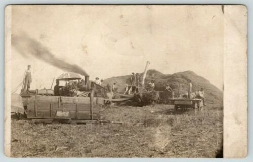 Farmers~Steam Thresher~Advertise Umbrella~Occident Flour~Weir's Coffee~1908 RPPC 