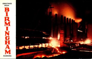 Alabama Birmingham Greetings Showing Night View Of Blast Furnaces