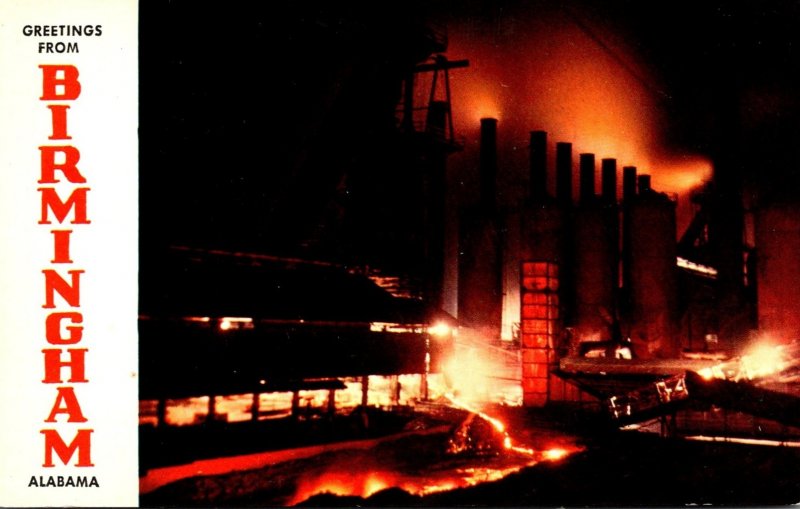 Alabama Birmingham Greetings Showing Night View Of Blast Furnaces