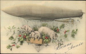 New Year Pigs Flying in Dirigible airship Fantasy c1910 Postcard