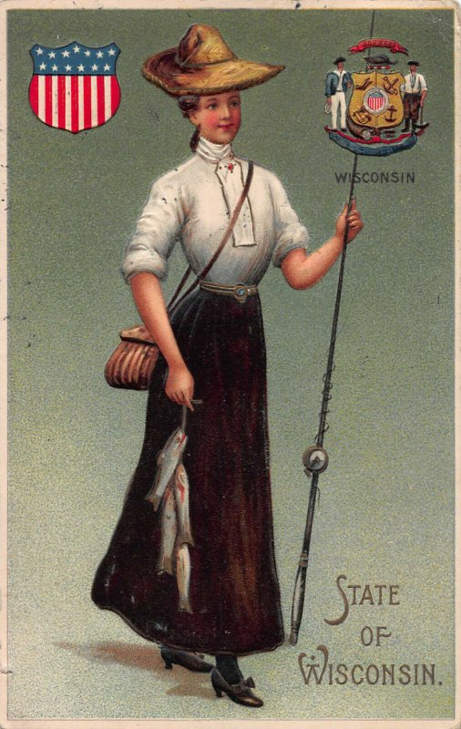 Wisconsin, U.S. Shield, State Seal, Fish, and Fishing Rod, 1910 Postcard, Used 