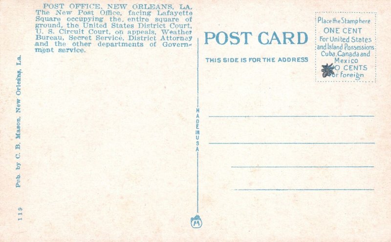 Vintage Postcard Post Office Building New Orleans Louisiana LA C. B. Mason Pub.