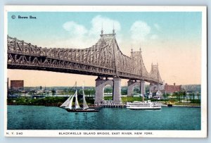 New York City New York Postcard Blackwells Island Bridge East River Boat c1930