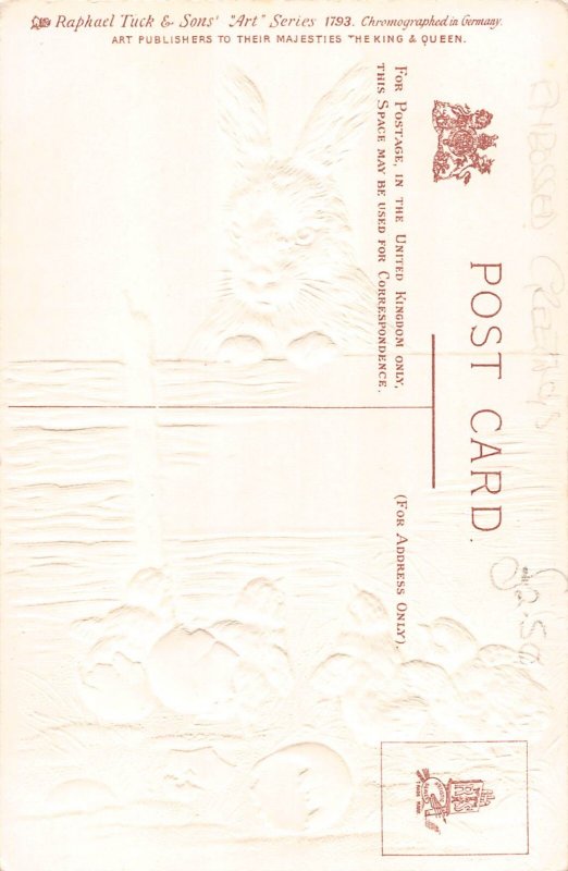 Easter Greetings Humanized Rabbit watches Chicks embossed postcard  B924