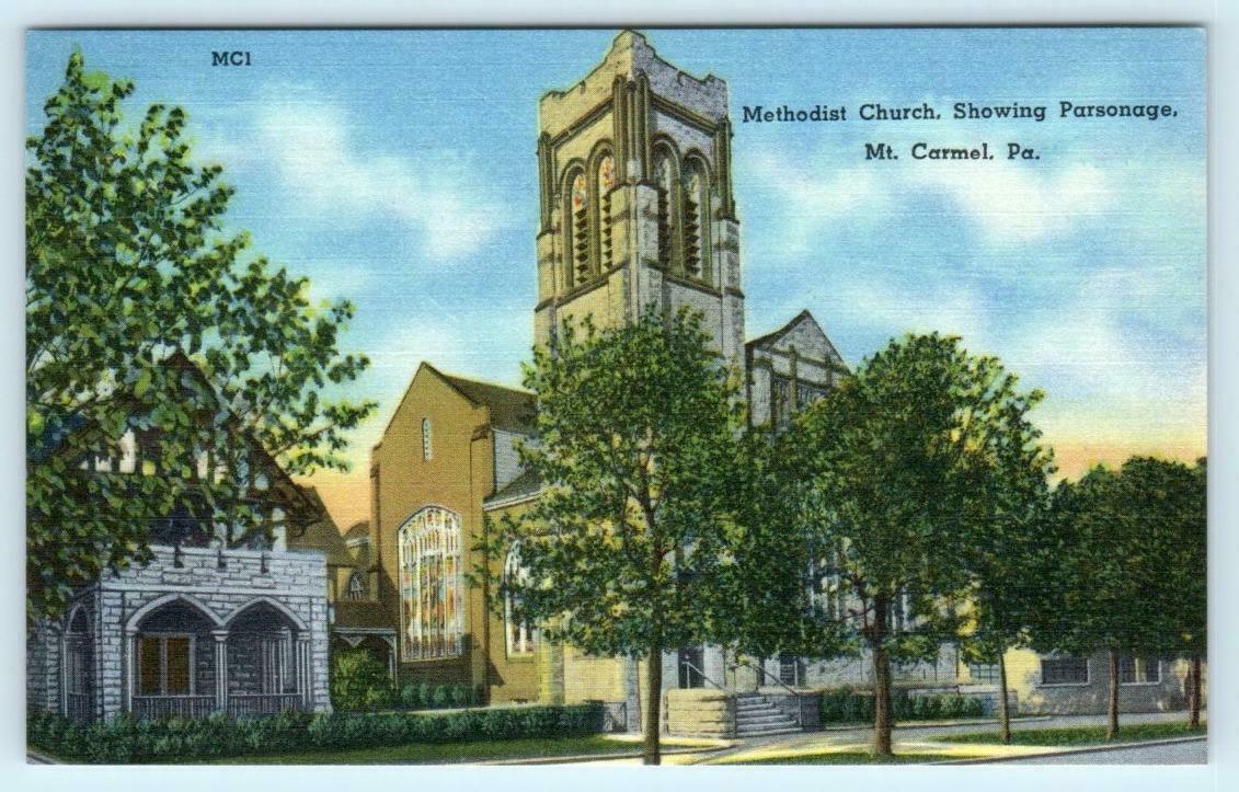 4 Postcards MT. CARMEL, PA High School, Bank, Methodist Church