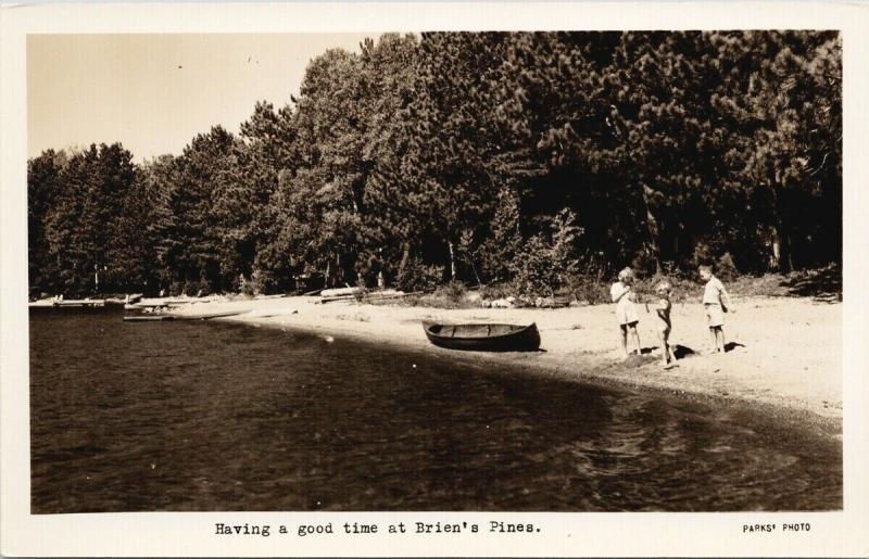 Brien's Pines near Peterborough Ontario ON Children Canoe RPPC Postcard D89