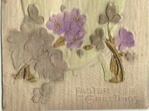 Heavily Embossed Novelty Airbrushed Card Chicks Easter Egg Lilacs 1913 Ephemera