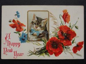 Embossed Poppies Postcard: HAPPY NEW YEAR shows Kitten in Bow Donate to R.B.L.