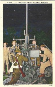 1940's US Army Signal Corps Anti-Aircraft Action Nighttime Linen Postcard
