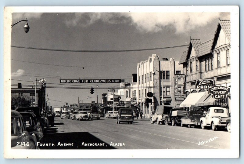 Anchorage Alaska AK Postcard RPPC Photo Fourth Avenue Zenith Radio Cafe Johnston