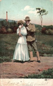 Vintage Postcard 1909 Couple Lovers Military Army Husband and Wife Crying Art