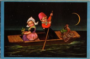 Artist E Colombo, Dutch Boy and Girl in Boat, Moonlight Vintage Postcard T34