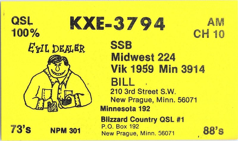 QSL Radio Card From New Prague Minn. Minnesota KXE-3794 