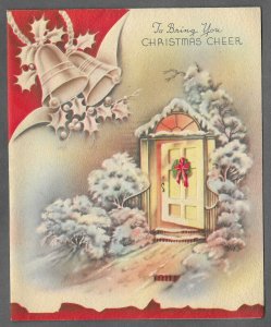 VINTAGE 1940s WWII ERA Christmas Greeting Holiday Card  SILVER BELLS Wreath Door