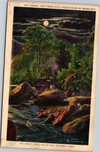 postcard North Carolina - The Chimney Tops from Little Pigeon River by Moonlight