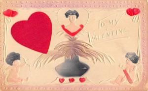 Valentine Women Cherub Cupid Velvet Heart Airbrushed Antique Postcard K80288