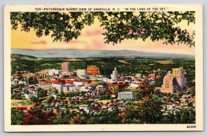 Asheville North Carolina~City Panorama Sunset View~Skyscrapers~Linen 1943 PC