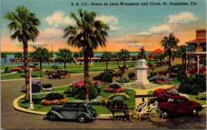 Ponce De Leon Monument Circle St Augustine Florida Street View Old Cars Postcard